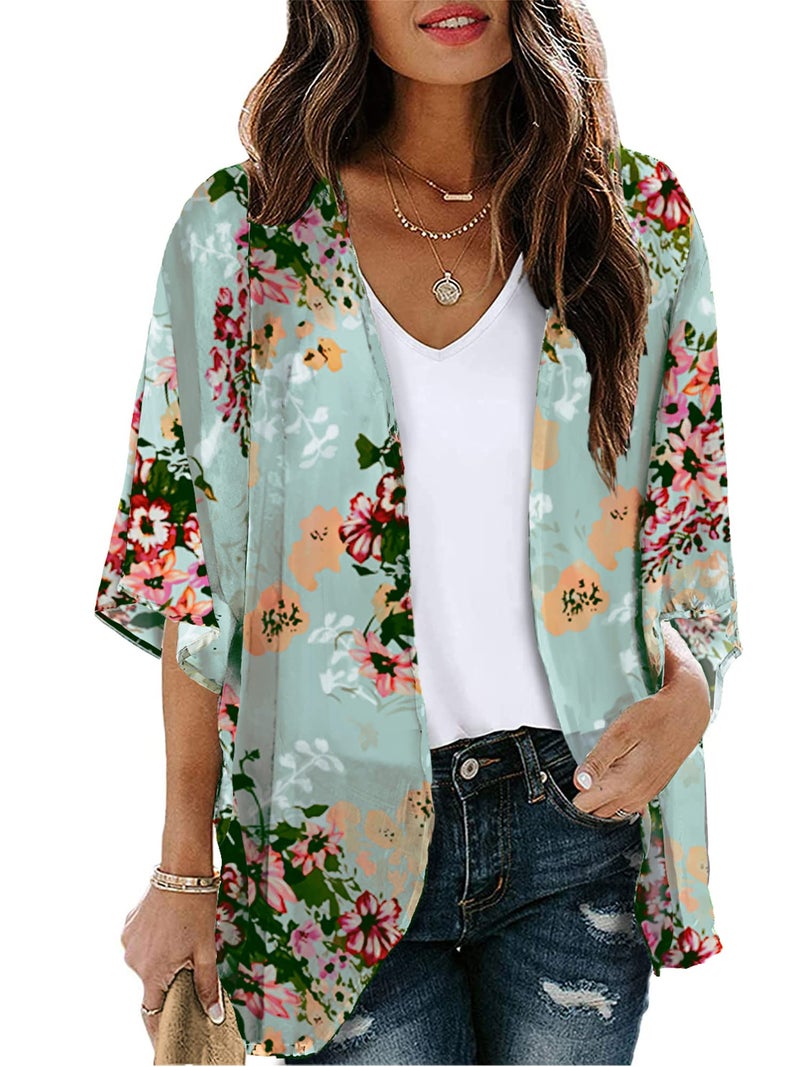 Chunoy Women Casual Spring Beach Casual Cover Up Half Puff Sleeve Chiffon Short Kimono Cardigan Green Small - Image 1